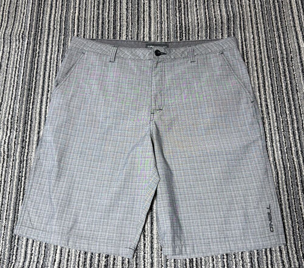 O’Neill Shorts Mens 36 Gray Bermuda Plaid Flat Front Woven Viscose Blend